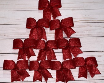 10 Red Glitter Christmas Tree Bows, Red Glitter Xmas Tree Bows, Small Tree Bows, Ornament Bows, Valentines Day Red Glitter Bows