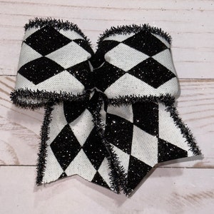 10 Tinsel Harlequin Diamond Black White Frosted Glitter Christmas Tree Bows, Black White Harlequin Mardi Gras Bows, Fat Tuesday Bows