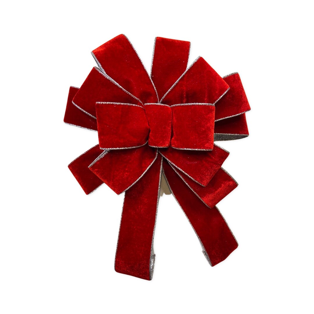 1 Red Velvet Silver Glitter Trim Christmas Tree Bow, Red Velvet Xmas