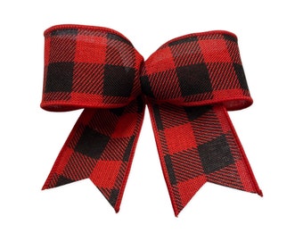 10 Black Red Buffalo Check Plaid Christmas Tree Bows, Red Black Buffalo Check Xmas Tree Bows, Red Black Plaid Farmhouse Bows