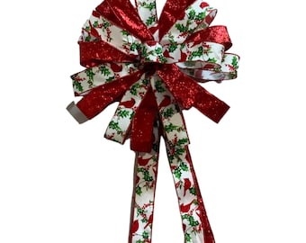 1 Whimsical Cardinal Christmas Tree Bow, Cardinal Bow for Wreath, Red Cardinal Bow for Lantern, Glitter Cardinal Bow for Xmas Tree Topper
