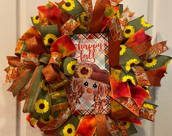 Happy Fall, Autumn, Girl Scarecrow, Moss Green, Sunflower, Orange Glitter, Tie Dye Watercolor Red Orange Plaid Leaves, Front Door Wreath