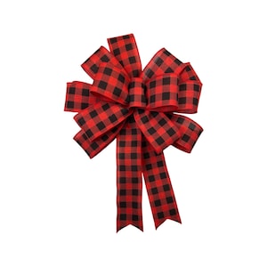 A Black Red Buffalo Check Plaid Christmas Tree Topper Bow, Black Red Buffalo Check Xmas Tree Bow, Buffalo Check Grapevine Wreath Bow