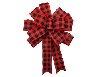 A Black Red Buffalo Check Plaid Christmas Tree Topper Bow, Black Red Buffalo Check Xmas Tree Bow, Buffalo Check Grapevine Wreath Bow