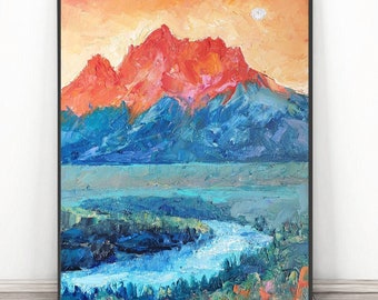 Grand Teton Painting Original National park, Original Oil Art 12 by 16, Wyoming Sunset Mountain wall art Impressionism  by Valentina Ra