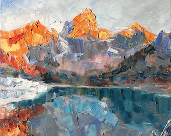 Grand Teton Oil Painting, National park Original Travel Art,  Landscape Painting on Canvas