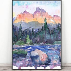 Rocky Mountains Original Aquarell Malerei, Grand Teton National Park Landschaft Kunstwerk, Reise Wandern Wandkunst