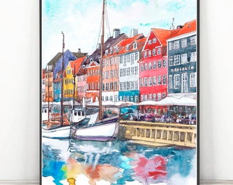 Copenhagen Denmark Original Custom Watercolor Painting Wall art, Europe skyline -  Landscape Art