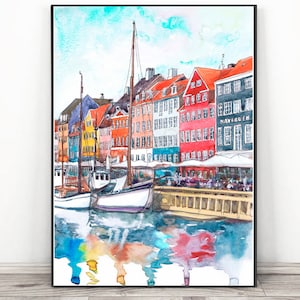 Copenhagen Denmark Original Custom Watercolor Painting Wall art, Europe skyline -  Landscape Art