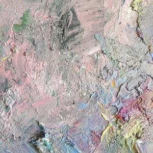 May include: Close-up of a textured, abstract painting with shades of pink, grey, blue, and yellow. The paint is thick and layered, creating a dynamic and textured surface.