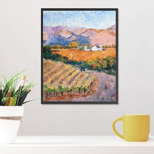 May include: A painting depicting a vineyard landscape with a white farmhouse in the distance. The vineyard is in the foreground, with rows of grapevines and a dirt road leading up to the farmhouse. The hills are in the background, with a blue sky and white clouds.
