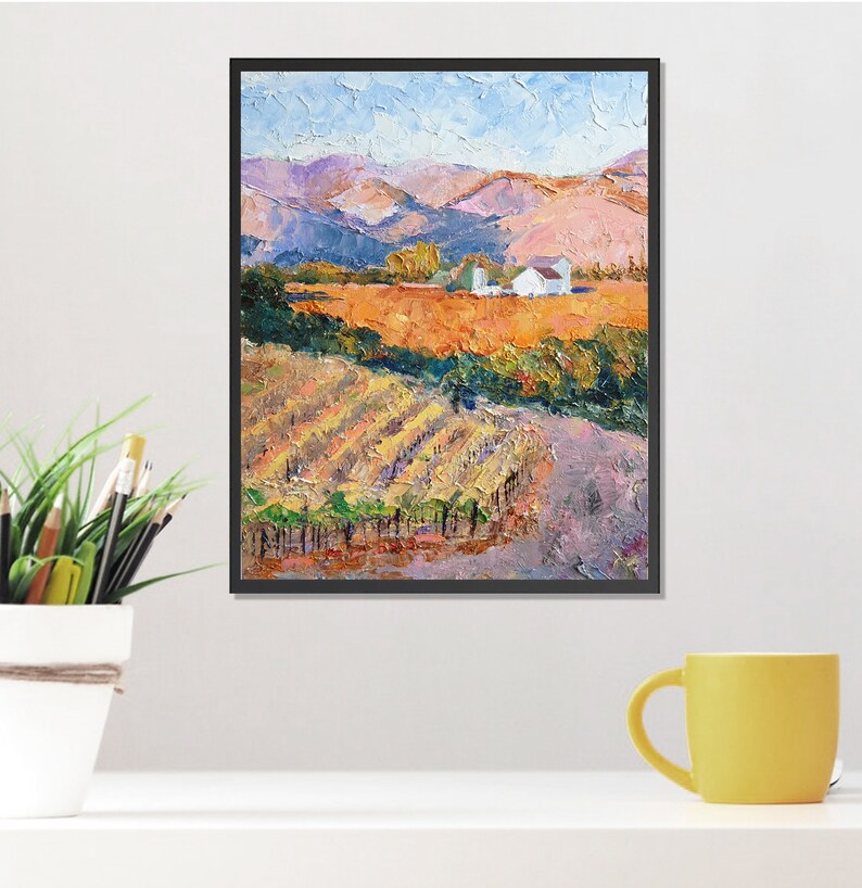 May include: A painting depicting a vineyard landscape with a white farmhouse in the distance. The vineyard is in the foreground, with rows of grapevines and a dirt road leading up to the farmhouse. The hills are in the background, with a blue sky and white clouds.