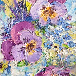 Dipinto a olio originale di Pansy Non ti scordar di me, dipinto in rilievo artistico, opera d'arte di impasto floreale, dipinto a olio floreale di Valentina Ra