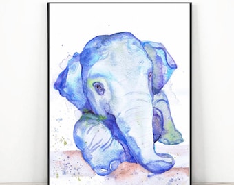 Aquarelle originale de bébé éléphant, art animalier de bébé pour décoration de chambre d'enfant