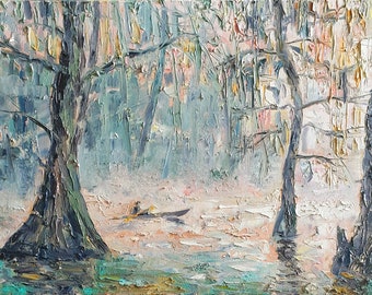 Louisiana swamp Painting on Canvas Original Oil Landscape, Fog Art Louisiana bayou painting, Large original oil impasto artwork
