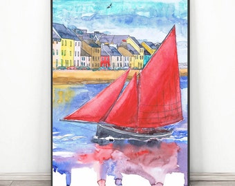 Galway Ireland Original Watercolor Painting Wall art, Europe cityscape -  Landscape Art, Galway bay Sailboat Painting