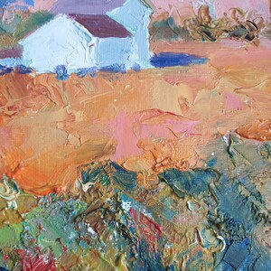 May include: A painting depicting a white house with a brown roof situated in a field. The sky is a soft pink and orange. The field is painted in a textured style with shades of orange, green, and blue.