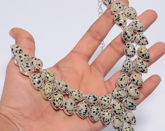 Dalmatian Jasper Necklace for Women, Silver-Plated Pear-Shaped Gemstone Cluster Jewelry, Handmade Chunky Statement Necklace
