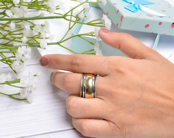 Mixed Metal Spinner Ring for Anxiety Relief, Unisex Fidget Ring for Him & Her, Boho Worry Ring, Handmade Meditation Jewelry Gift