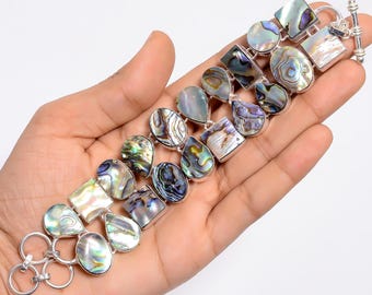 Pulseira de madrepérola feminina, banhada a prata com brilho iridescente, pulseira étnica boho feita à mão, ideal para presentes.