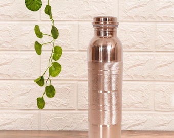 Pure Copper Bottle 1 Liter | Ayurveda Handmade Water Flask | Silver-Touch Finish Leakproof Drinkware | Gifts