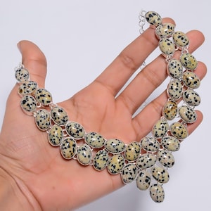 Dalmatian Jasper Ethnic Necklace in 925 Sterling Silver, Handmade Oval Jewelry, Boho Gemstone Necklace, Statement Necklace for Women, Gifts