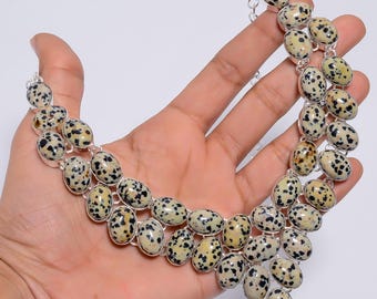 Dalmatian Jasper Cluster Necklace, Silver-Plated Oval Gemstone Jewelry, Handmade Boho Chunky Statement Necklace, Gifts