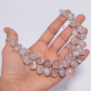 Rose Quartz Necklace in Silver Plated, Gemstone Handmade Necklace, Pink Crystal Ethnic Jewelry, Boho Statement Necklace, Gift for Mom, Her