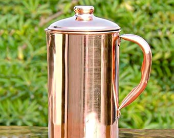 Pichet Eau Cuivre Pur 1500ml + 2 Gobelets - Bienfaits Ayurvédiques Avec Poignée Laiton