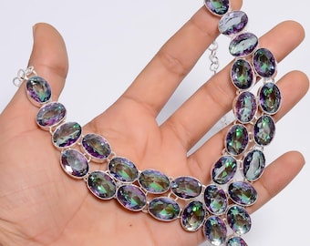 Mystic Quartz Cluster Necklace, Silver-Plated Multicolor Gemstone Jewelry, Handmade Ethnic Chunky Statement Necklace, Gift