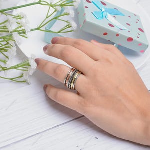 Tri-Color Spinner Ring: Sterling Silver Fidget Ring, Boho Meditation Band