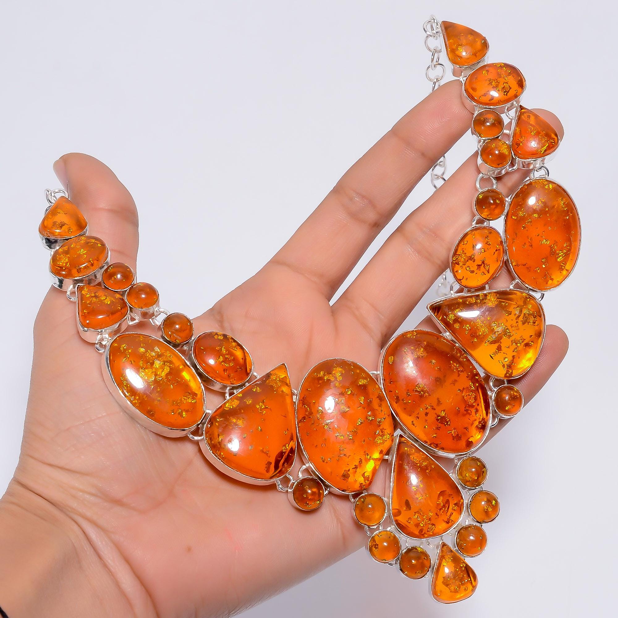 Amber Statement Necklace, Silver-plated Orange Gemstone Cluster