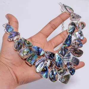 Abalone Shell Necklace, Silver Plated Necklace, Handmade Boho Jewelry, Gemstone Necklace, Statement Necklace for Women, Ethnic Jewelry, Gift