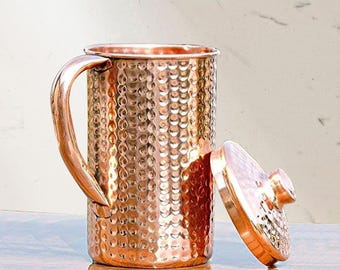 Hand-Hammered Pure Copper Pitcher & Tumbler Set | Handmade 100% Pure Copper Jug with Lid and Glasses | Ayurvedic Eco-Friendly Drinkware Set