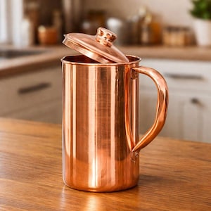 Ayurveda 100% Pure Copper Water Jug with Lid & Handle | Handmade Plain or Hammered Copper Pitcher | Eco-Friendly Drinkware for Home and Yoga