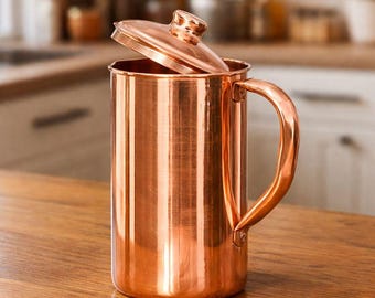 Ayurveda 100% Pure Copper Water Jug with Lid & Handle | Handmade Plain or Hammered Copper Pitcher | Eco-Friendly Drinkware for Home and Yoga