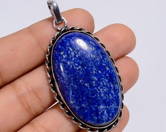 Lapis Lazuli Pendant, Silver-Plated Blue Gemstone Necklace, Handmade Boho Statement Pendant, Designer Layering Jewelry