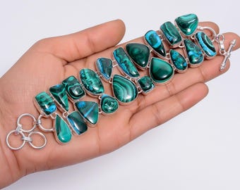Malachite Chrysocolla Bracelet, Silver Plated Ethnic Style Jewelry, Green & Blue Gemstone Bracelet, Handmade Boho Statement Jewelry 6-8"
