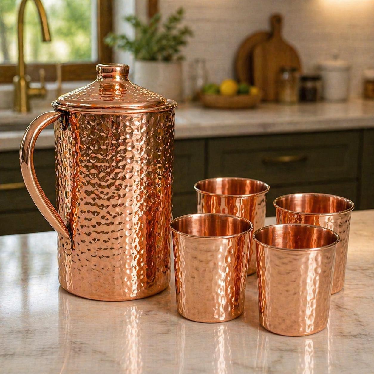 Hand-hammered Pure Copper Pitcher & Tumbler Set | Handmade 100