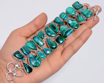 Malachite Chrysocolla Gemstone Bracelet with Silver Plating, Handmade Statement Jewelry, Boho Ethnic Bracelet for Women, Gifts for Mom & Her