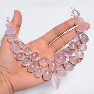 Rose Quartz Ethnic Necklace with 925 Sterling Silver, Handmade Tribal Jewelry, Bohemian Style Jewelry, Gemstone Large Necklace for Women