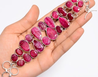 Pulsera de rubíes con baño de plata, pulsera con gema de rubí, joyería boho hecha a mano, pulsera llamativa para mujer, regalo de cumpleaños para ella