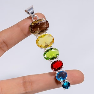 Multi-Semi Precious Stone Pendant | 925 Sterling Silver Plating Jewelry | Gemstone Necklace | Boho Ethnic Jewelry | Handmade Pendant for Her