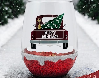 Winemas Christmas Truck Glittered Stemless Wine Glass: Holiday Decor