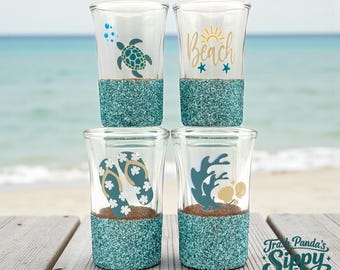 Ocean Beach Glitter Shot Glasses: Coastal Theme Decor, Set of 4