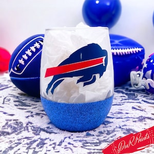 Buffalo Bills Football Wine Glass / Football Glass / Bills Sports Glass /Glittered Stemless Wine Glass/ Personalized Football Cup
