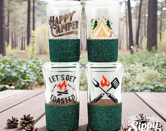 Happy Camper Glitter Shot Glasses: Glamping Theme Decor, Set of 4