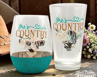 Glittered Highland Cow Wine and Pint Glasses: Country Farm Drinkware Set