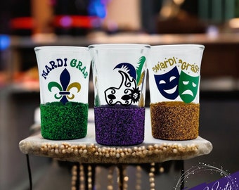 Mardi Gras Glittered Shot Glasses: Carnival Party Decor (Set of 3)