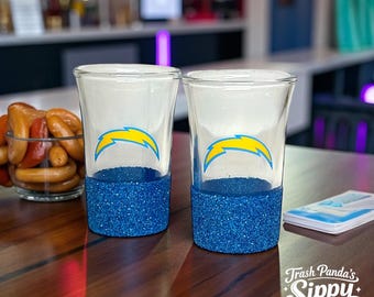 Chargers Glitter Shot Glasses: Football Sports Gift (Set of 2 or 4)